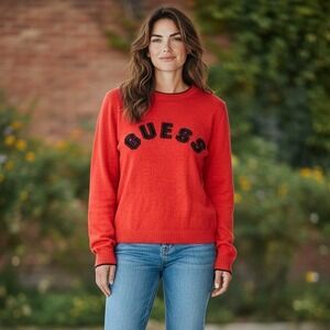 VTG‎ Guess Jeans Red Crew Neck Long Sleeve Sweater Black Logo Size S NEW